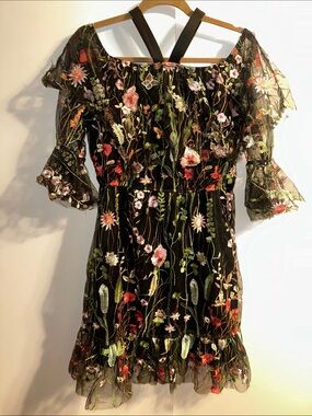 Embroidered Black Floral Off-Shoulder Mini Dress